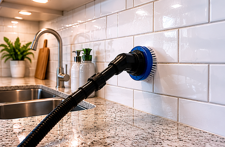 Vacuum hose plugged into a wall port over a kitchen countertop and sink