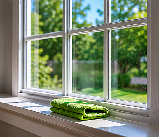 Folded green towel on a white windowsill beside a sunlit window overlooking a garden