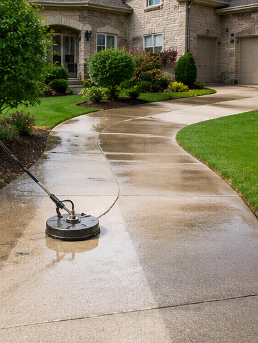 Pressure washer cleaning a wet concrete driveway in front of a suburban house