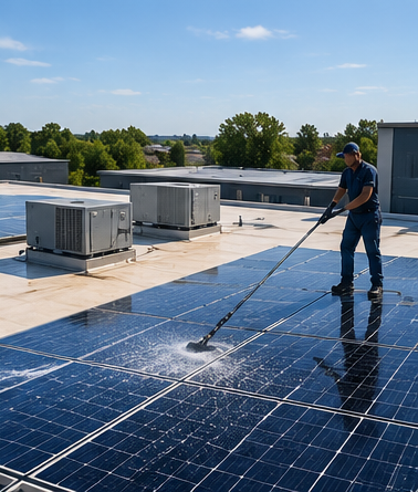 Worker cleaning rooftop solar panels under a sunny blue sky