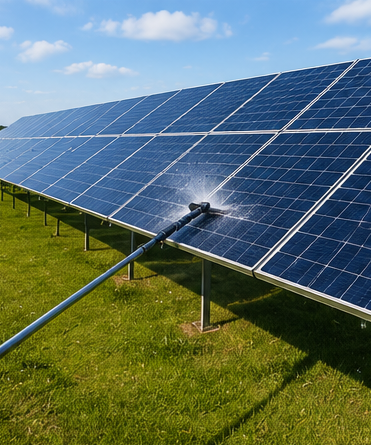Solar panels on a grassy field, with water spraying onto one panel under a blue sky.