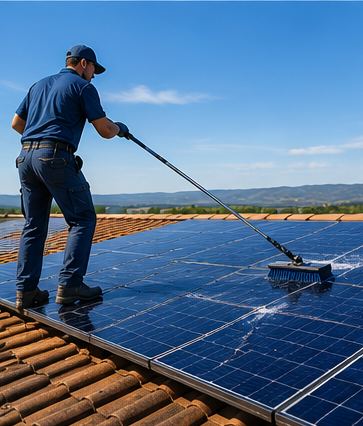Worker cleaning rooftop solar panels with a long brush under a clear blue sky.