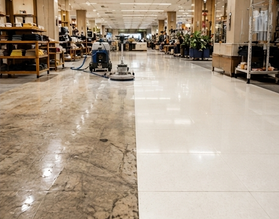 Floor scrubber cleaning a polished store aisle beside shelves and shopping carts