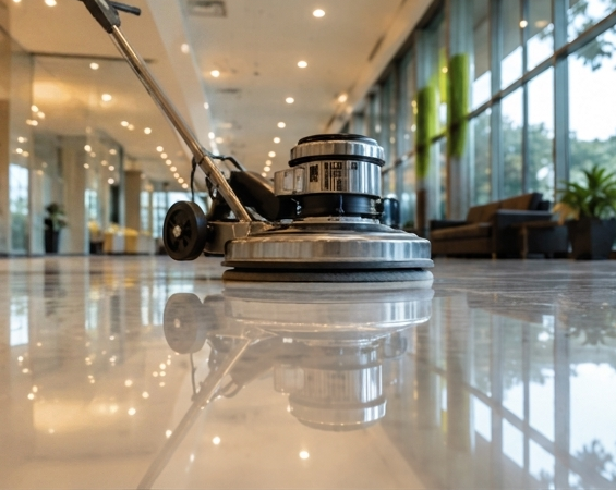 Floor polisher in a bright office lobby with glossy marble floors and large windows