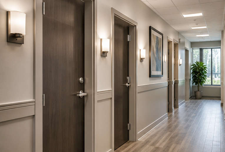 Bright hallway with closed apartment doors, wall sconces, and a potted plant at the far end.