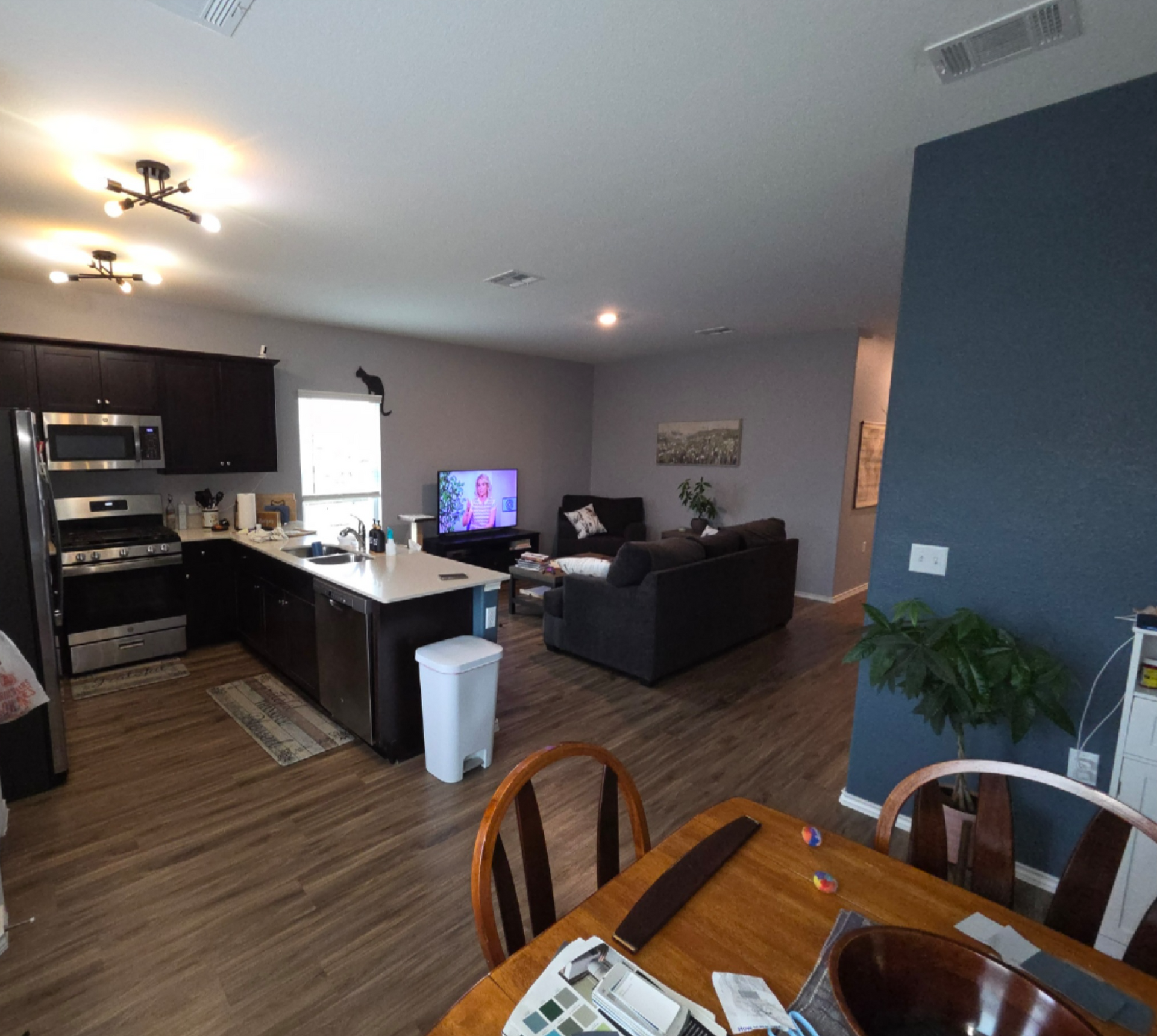 Open-plan living room and kitchen with dark cabinets, gray sofa, TV, and dining table in foreground