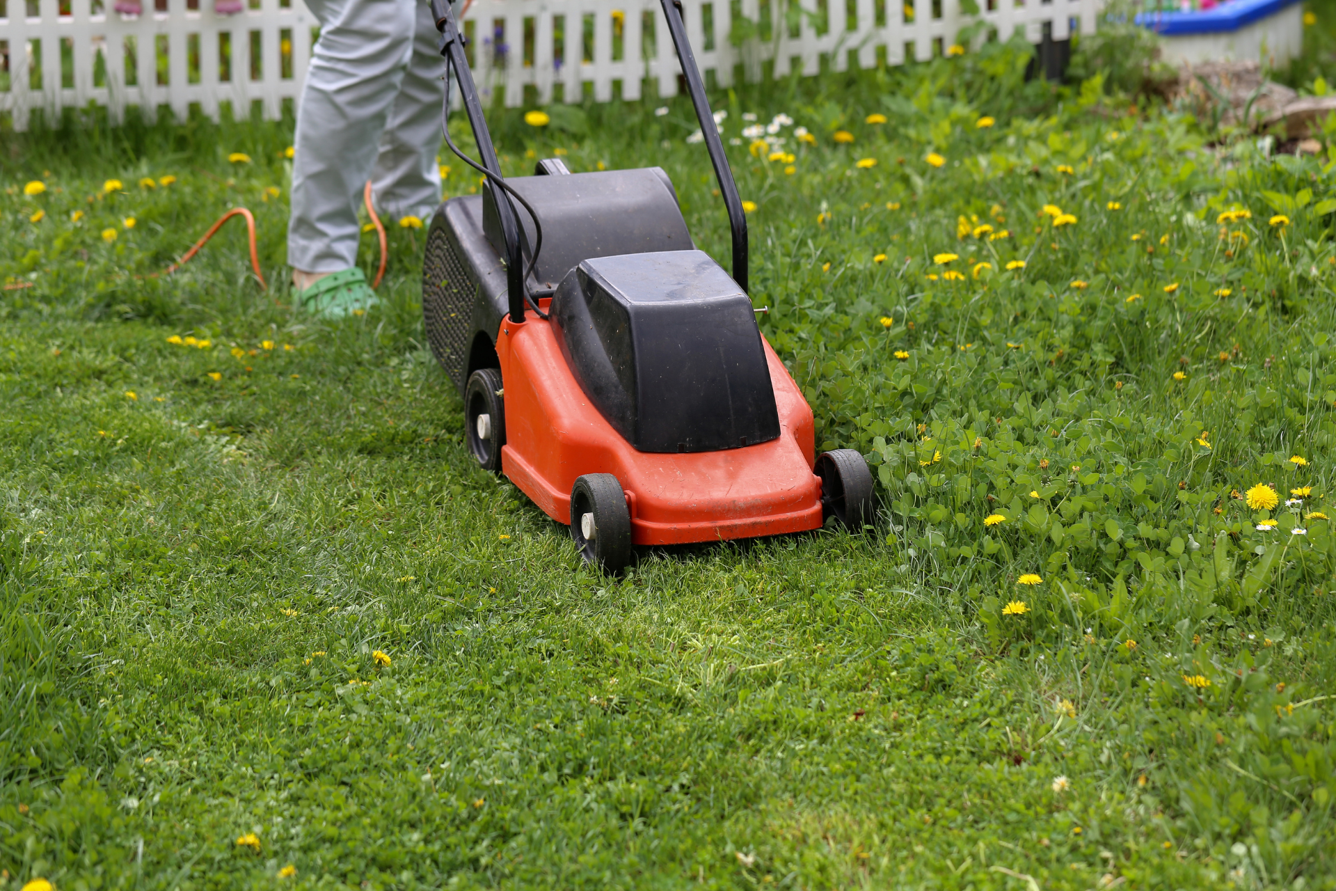 Person mowing a grassy yard with a red lawn mower near a white fence