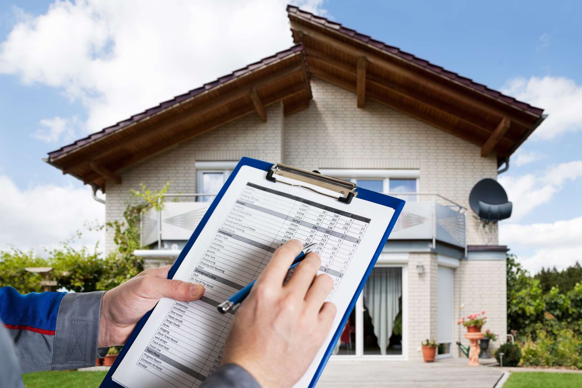 Clipboard with checklist in front of a house exterior and satellite dish