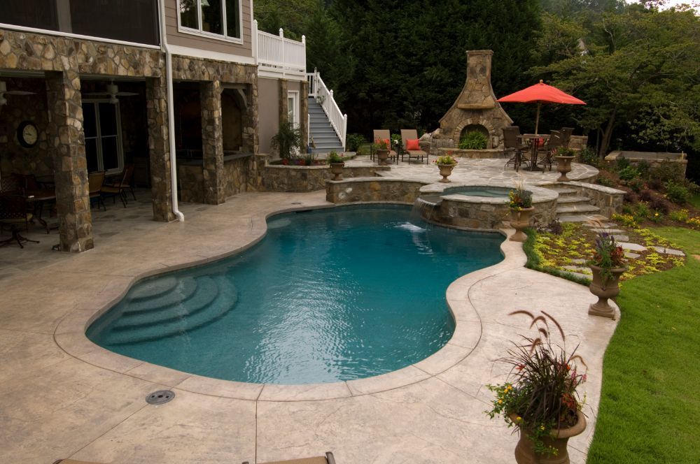Inground Swimming Pool and Spa with outdoor fireplace