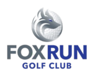 A logo for fox run golf club with a fox on a golf ball