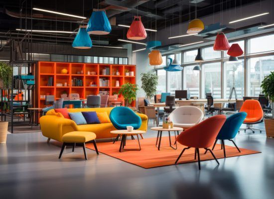 Modern coworking lounge with colorful chairs, orange shelving, and large windows