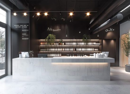 Modern minimalist café interior with a concrete counter, black ceiling, and warm backlit shelves