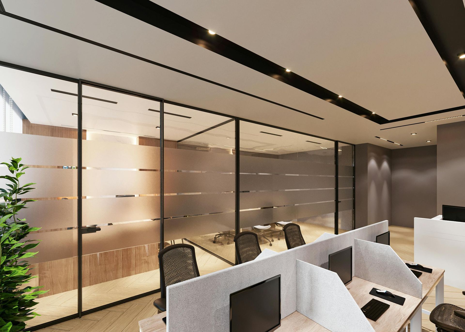 Modern office conference room with glass walls, white desks, and black chairs