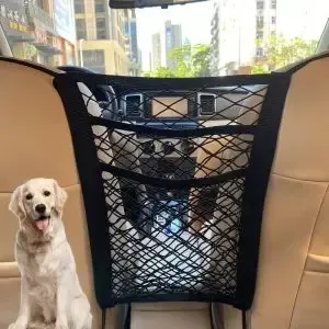 A dog is sitting in the back seat of a car behind a net.