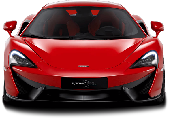 The front of a red mclaren sports car on a white background