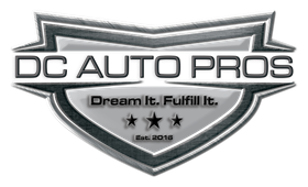 The logo for dc auto pros is a shield with three stars on it.