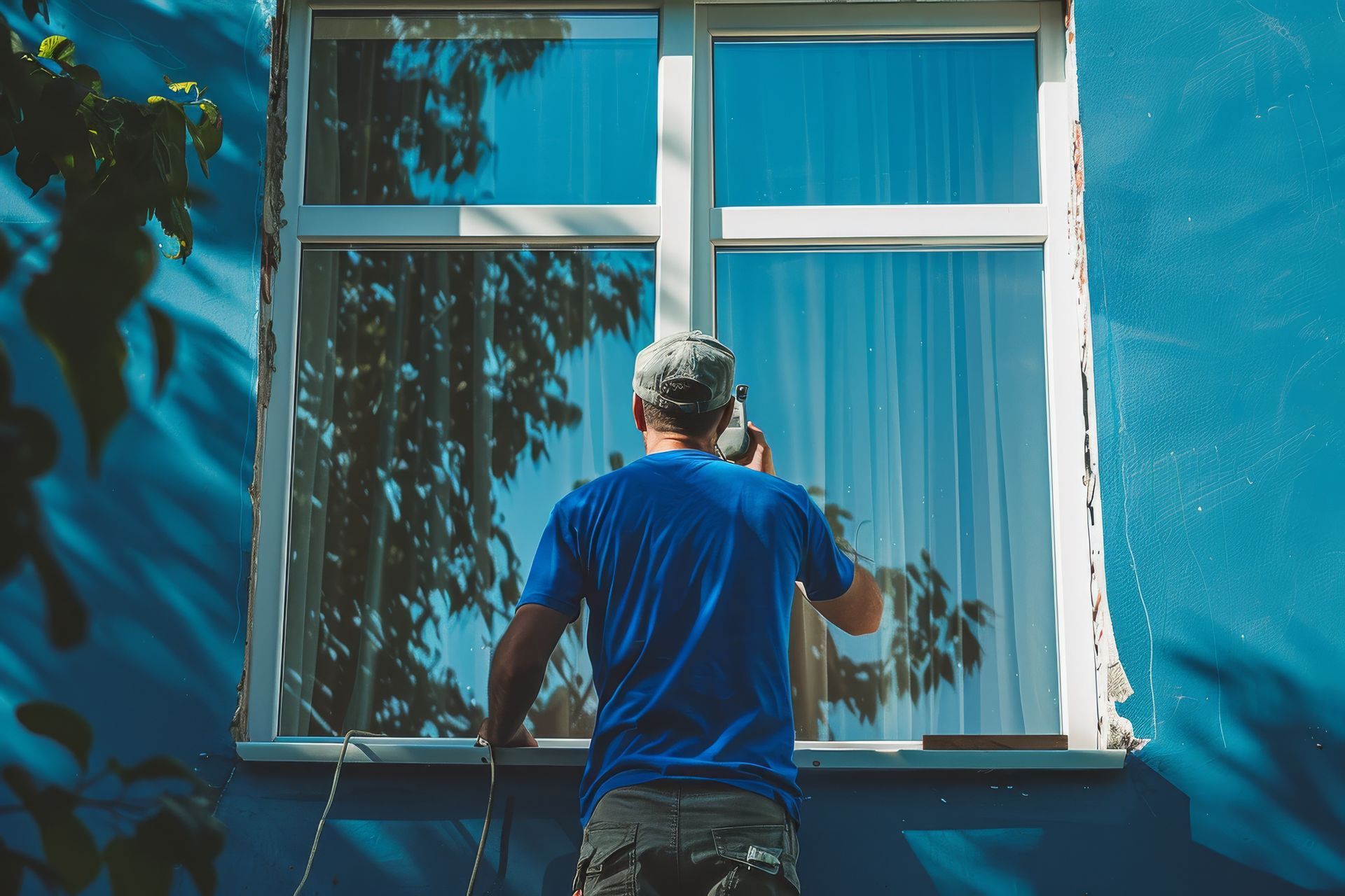 A man is standing in front of a window talking on a cell phone.
