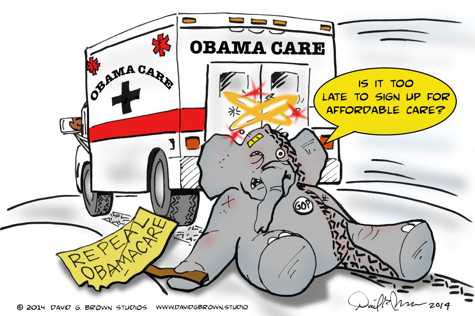 A wounded elephant cartoon lying in the road, hit by an 