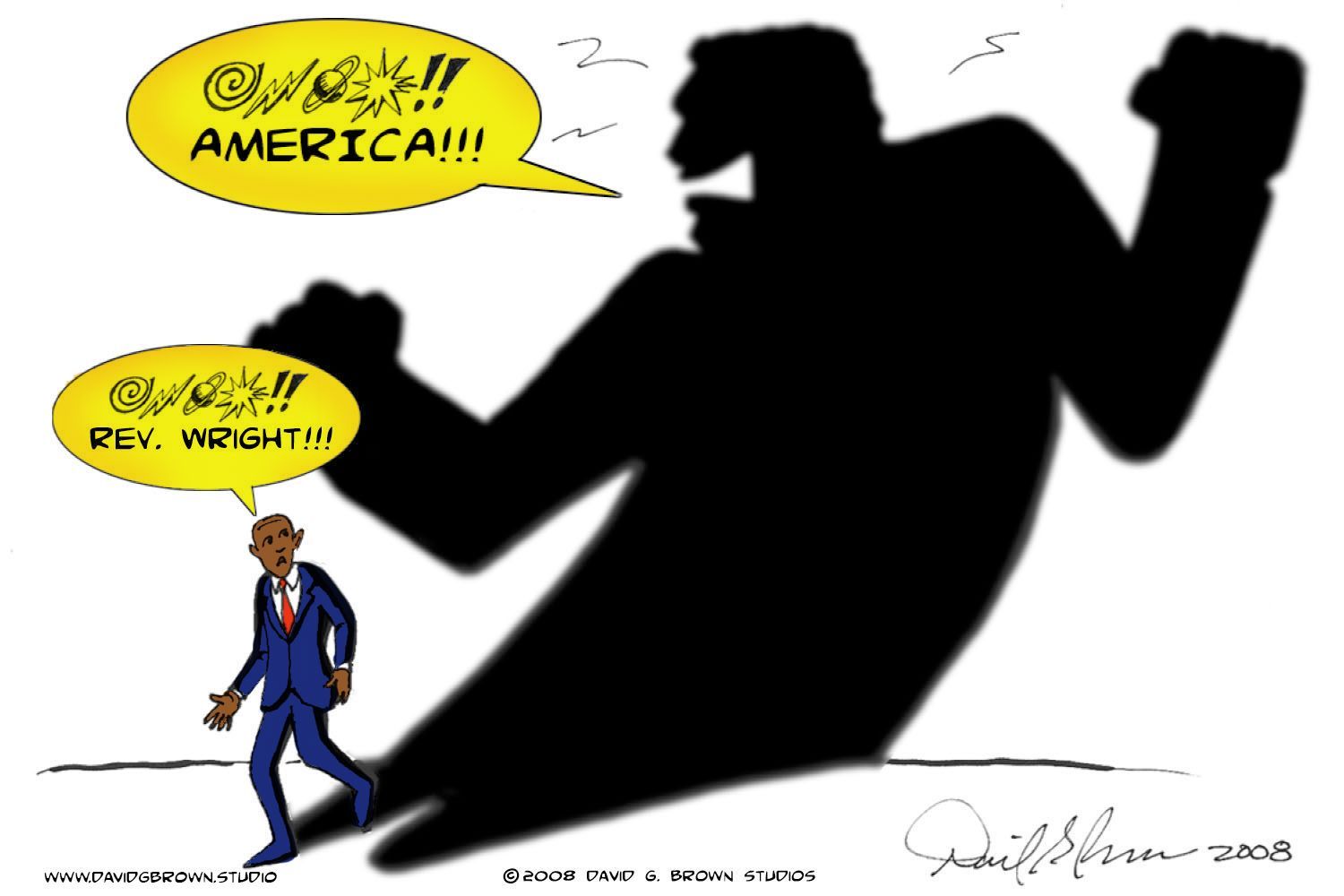 Cartoon: Obama flees large shadow shouting 