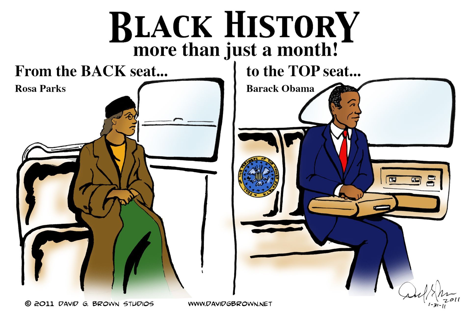 Illustration: Rosa Parks in a bus seat, then Obama in a car. Text: Black History. From back seat to top.