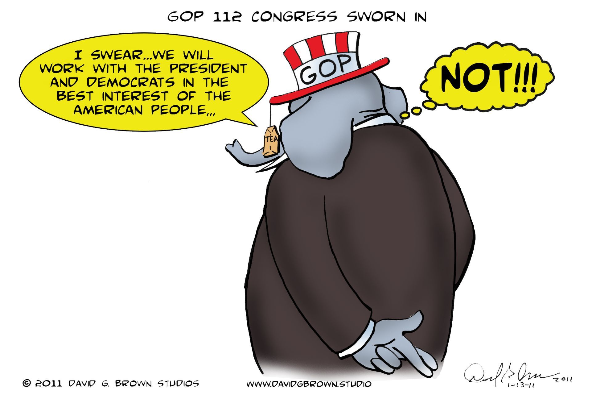 Political cartoon: Republican elephant in a suit and hat says it will work with Democrats, but its thought bubble says 