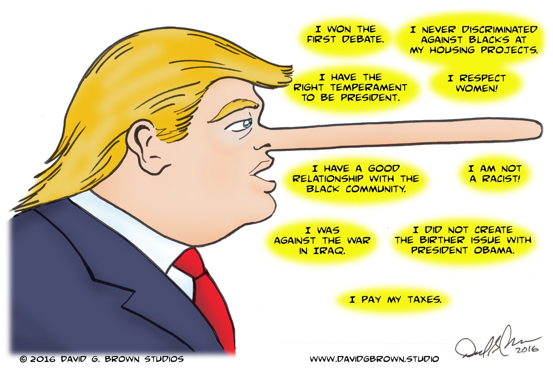 Cartoon of Donald Trump with a long nose, bubbles with lies.