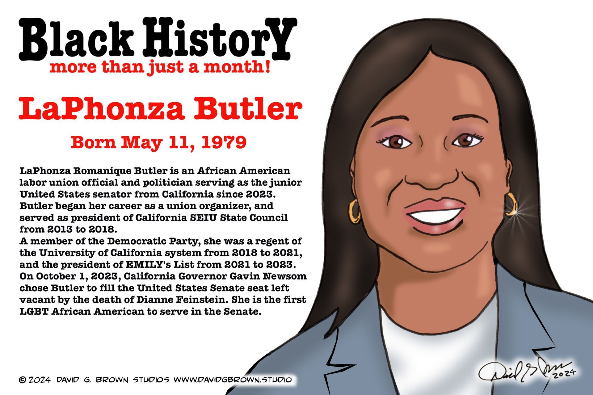 Black History graphic of LaPhonza Butler, an African American labor leader and politician, with text about her life.