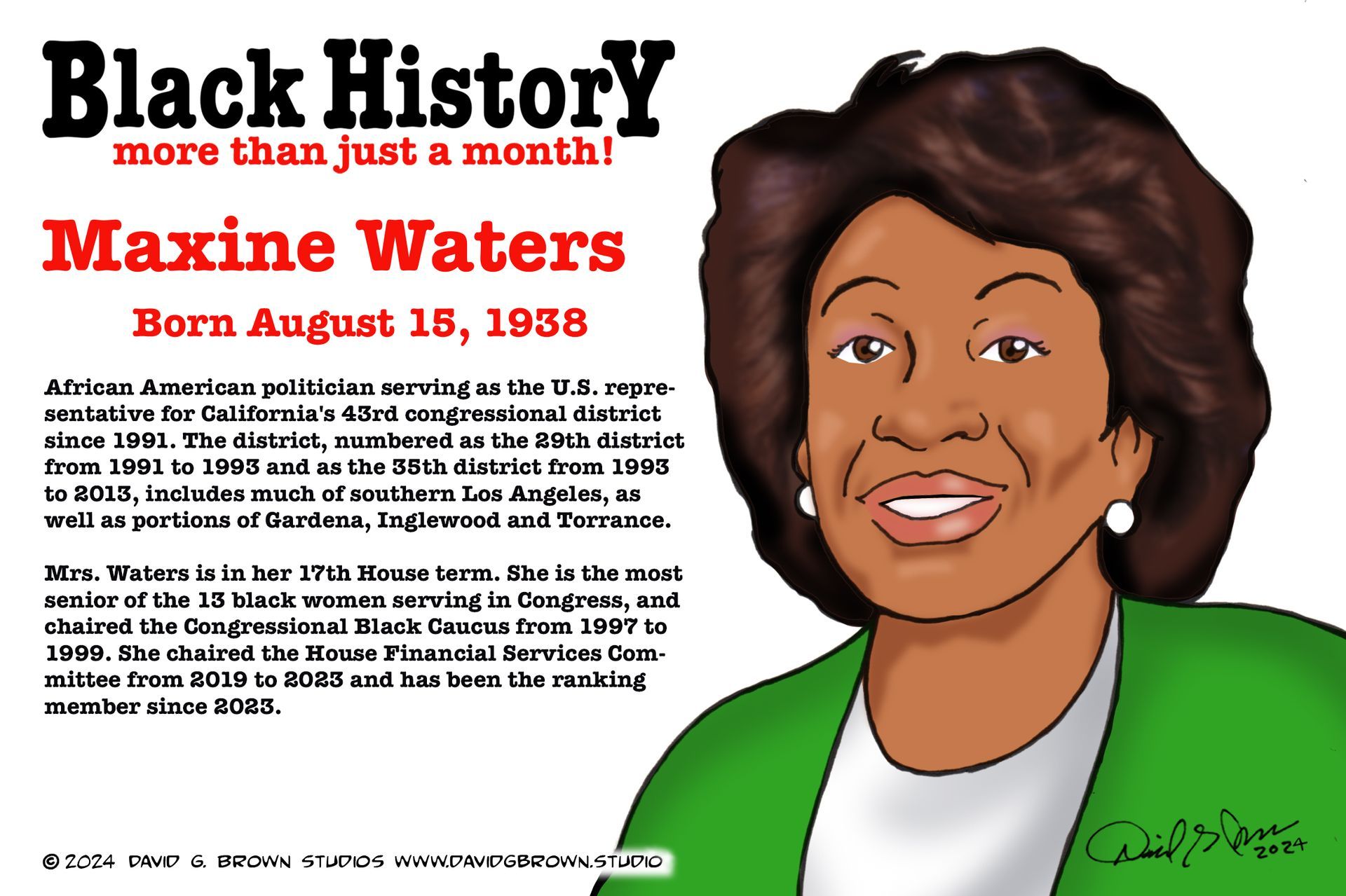 Cartoon of Maxine Waters in green jacket; Black History celebration.