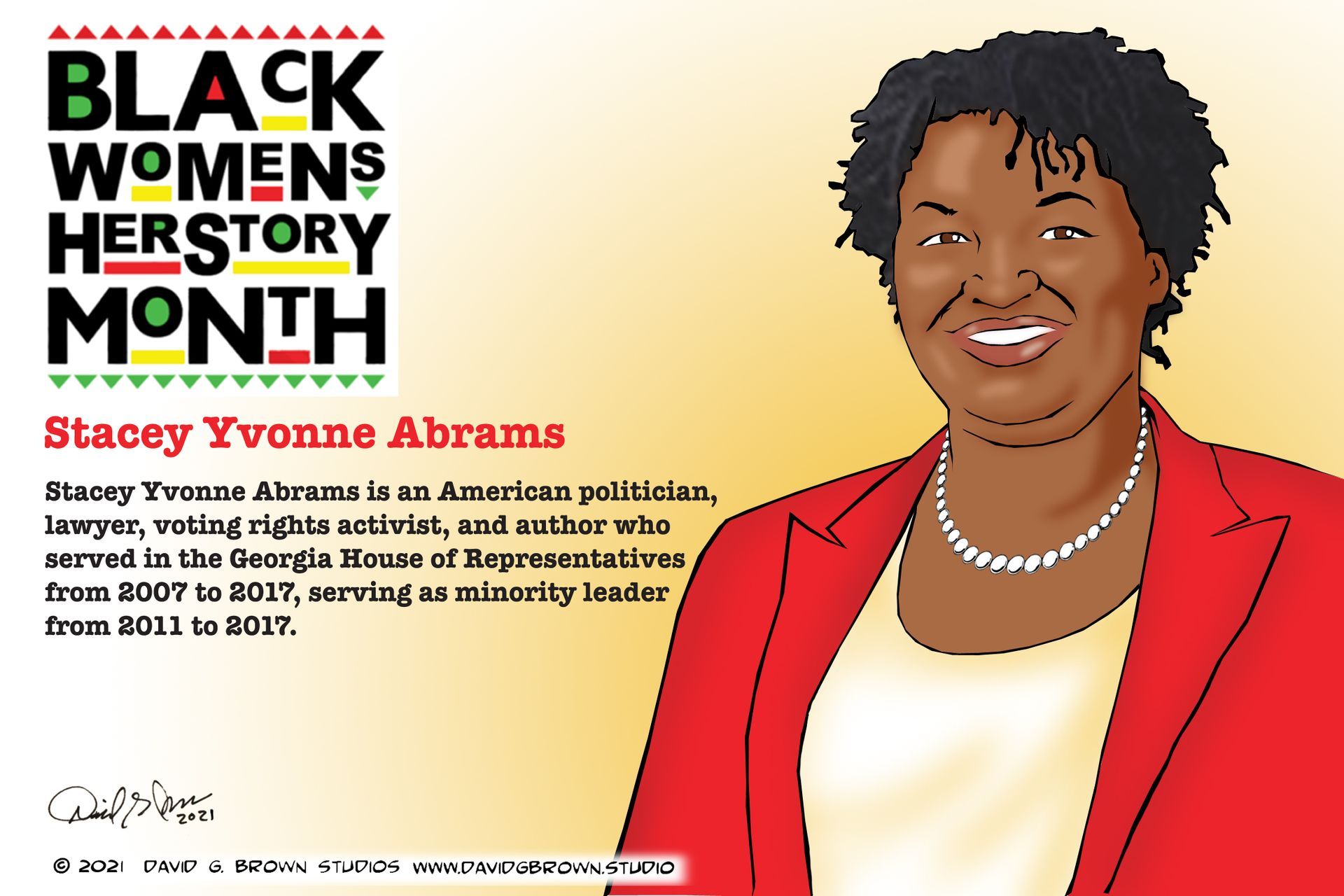 Illustration of Stacey Abrams, a Black woman, in a red blazer, for Black Women's History Month.