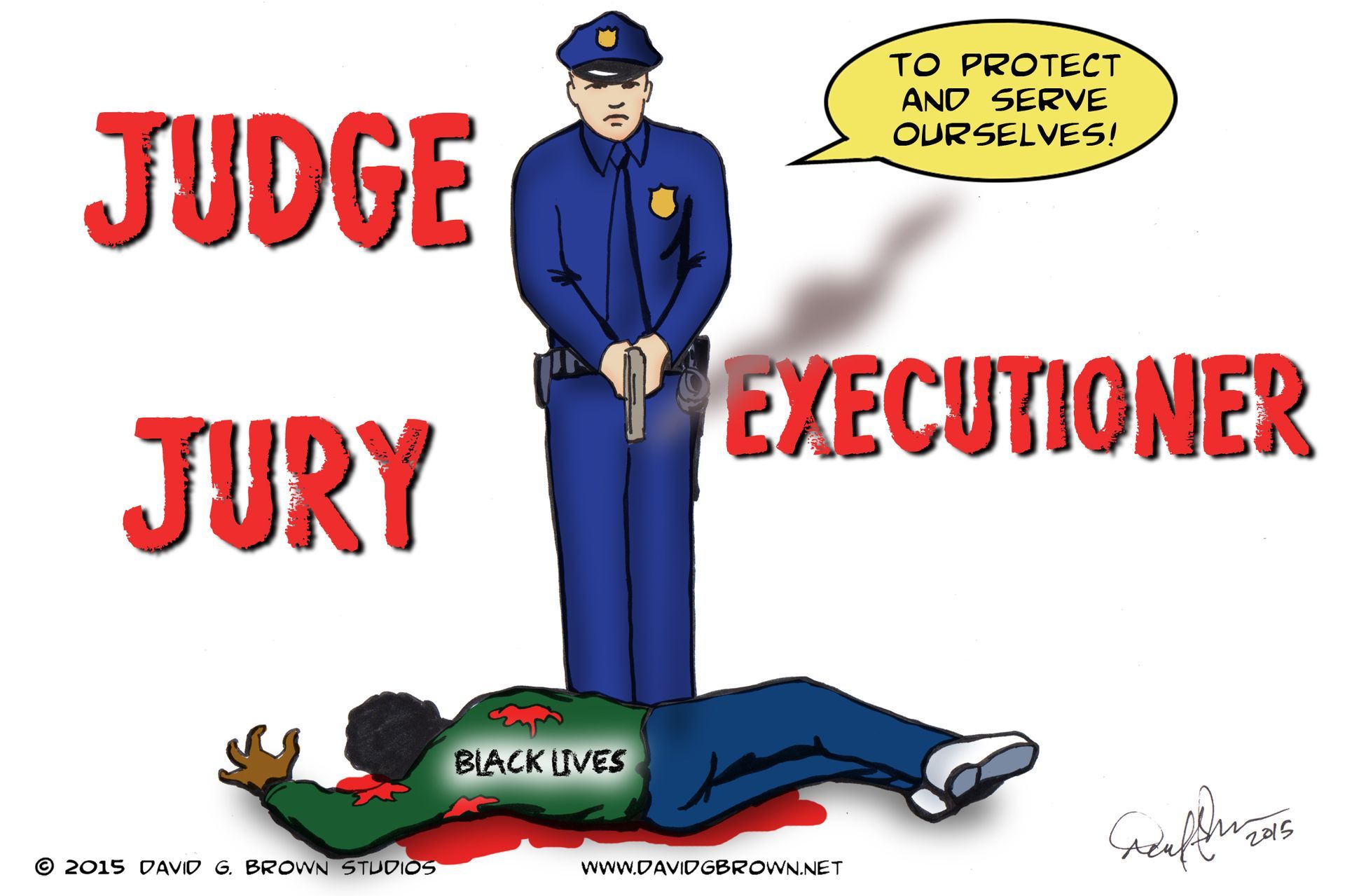 Cartoon: Policeman aiming a gun at a person lying on the ground, 