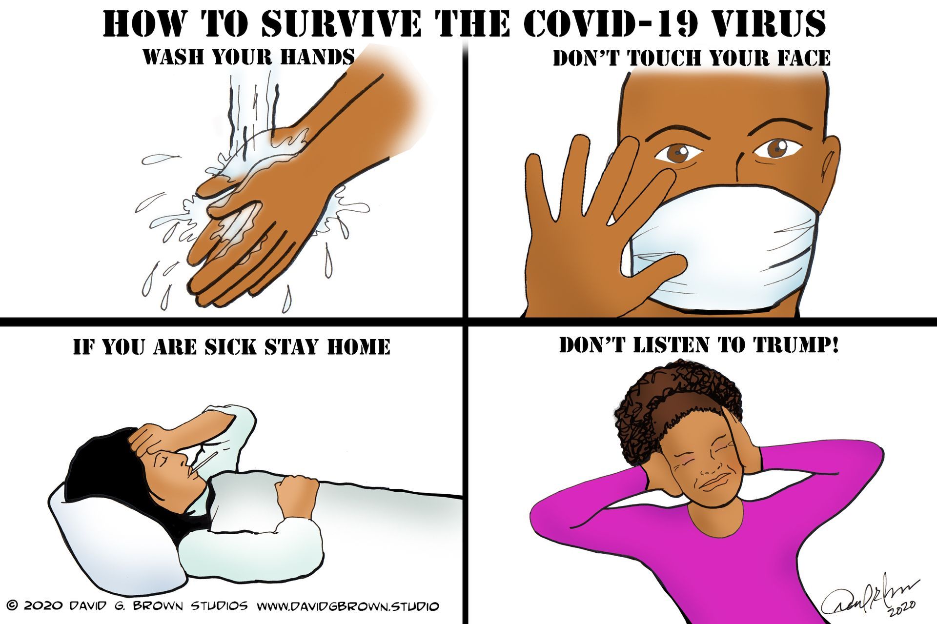 Cartoon guide: Wash hands, don't touch face, stay home if sick, don't listen to Trump.