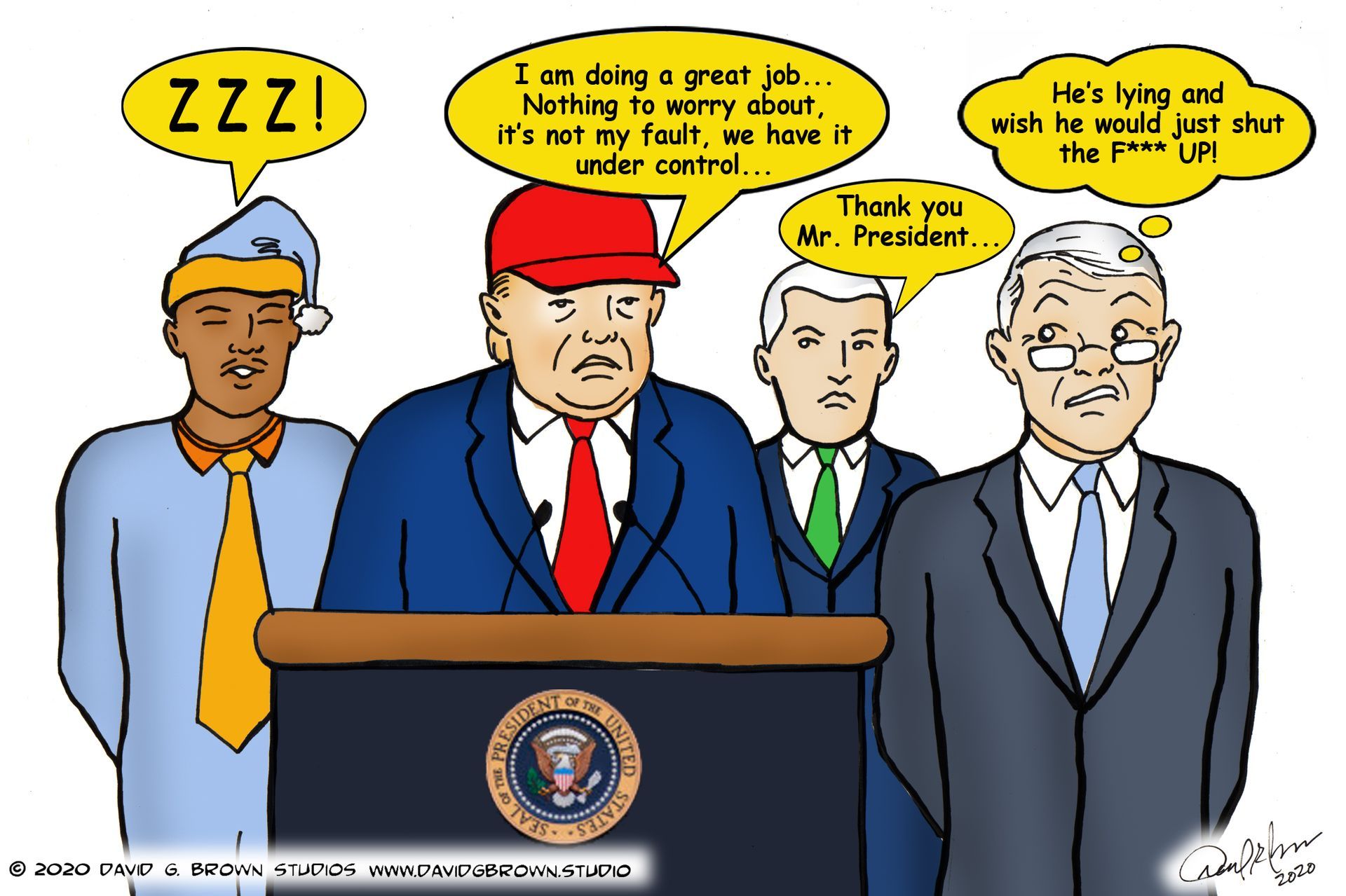 Cartoon: Trump at a podium, speaking, flanked by officials. One sleeps, one looks concerned, and another is annoyed.