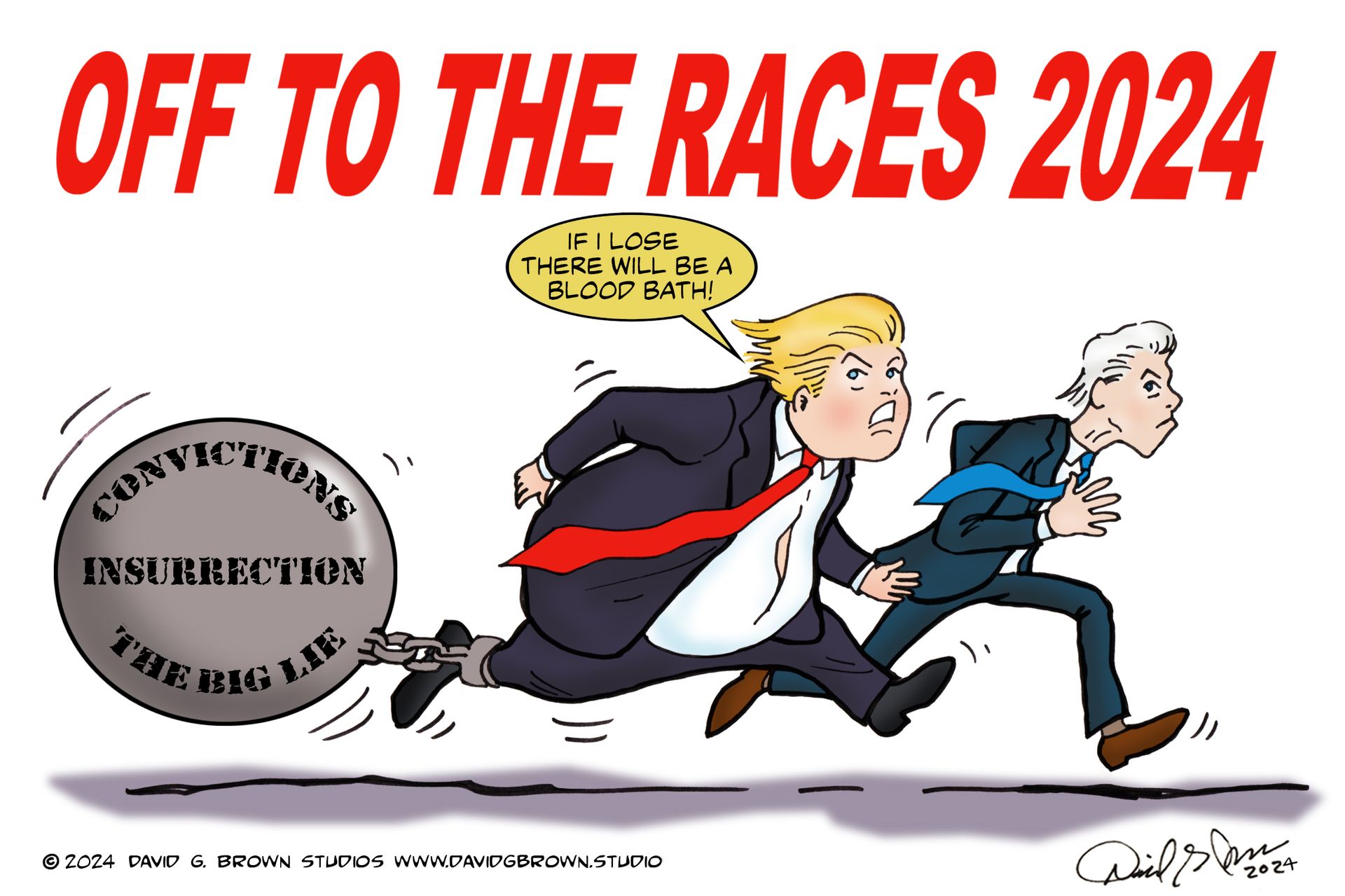 Political cartoon: Trump, burdened by a ball labeled 