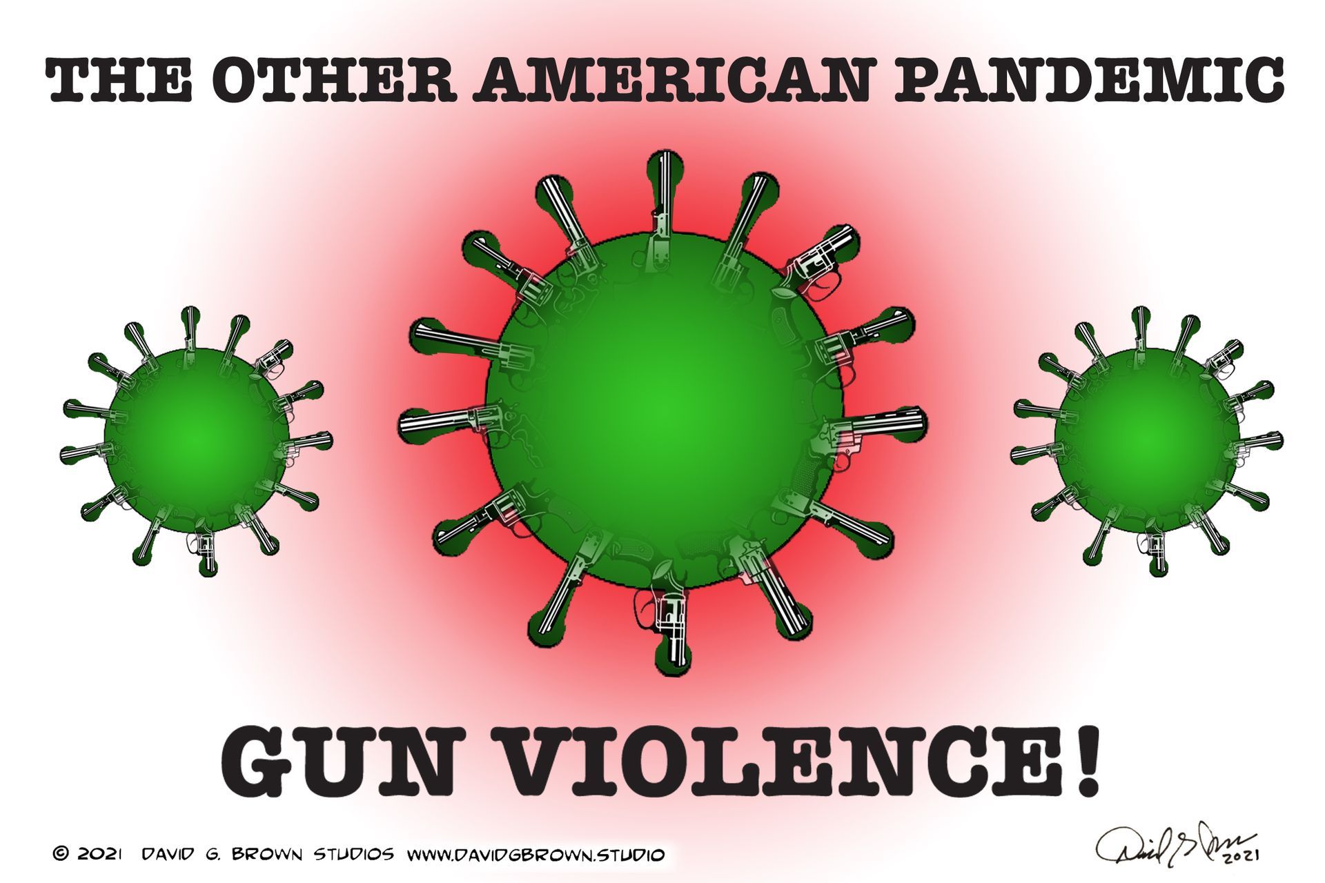 Cartoon: Green virus-shaped objects with gun barrels as spikes. Text: 