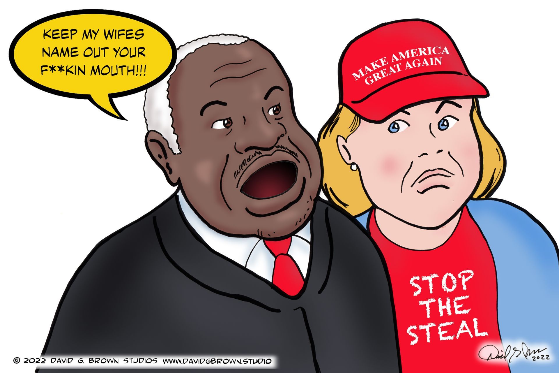 Cartoon of Clarence Thomas yelling; Trump supporter in MAGA hat looks angry.