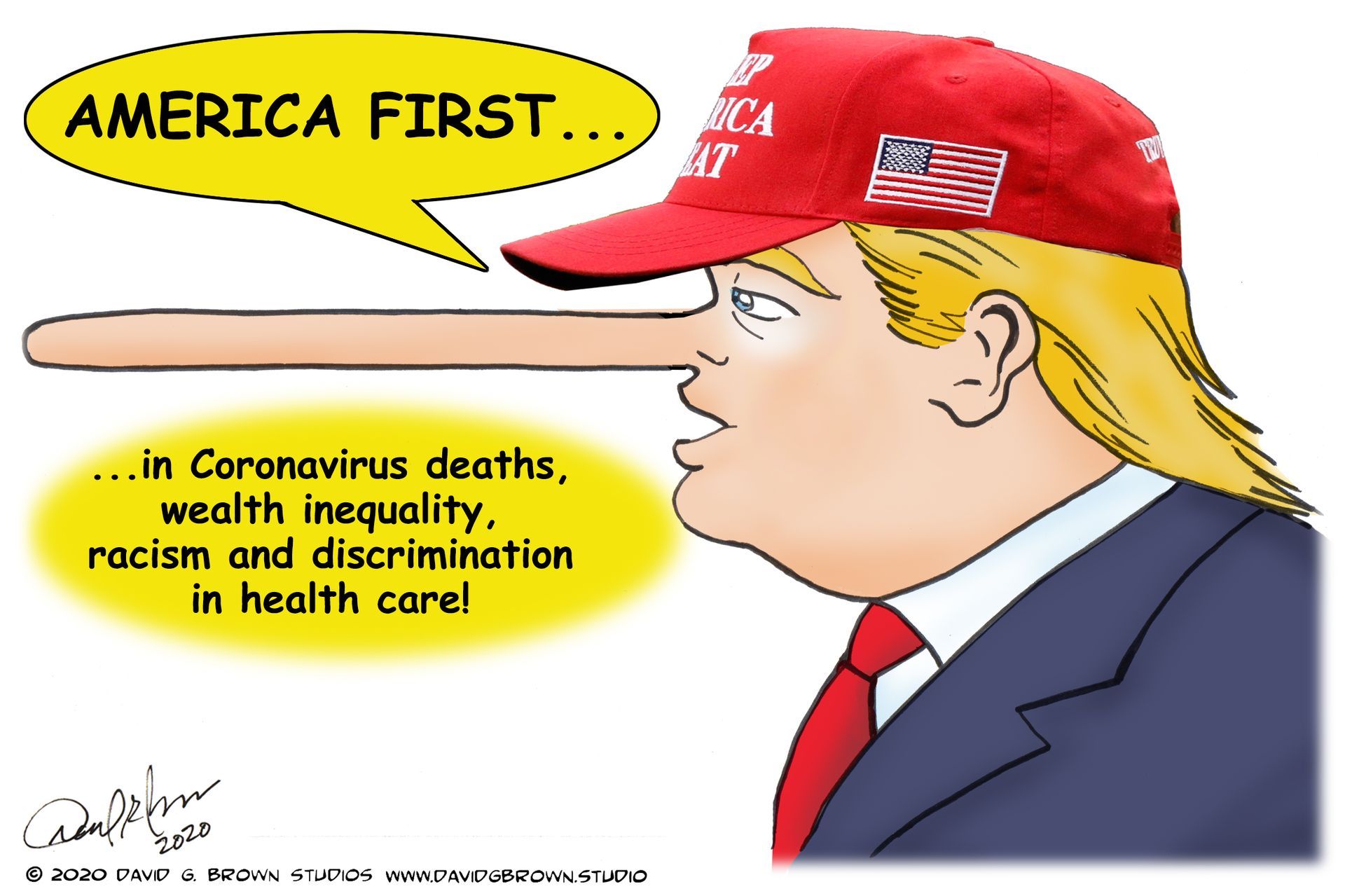 Cartoon of Trump with an absurdly long nose, wearing a 