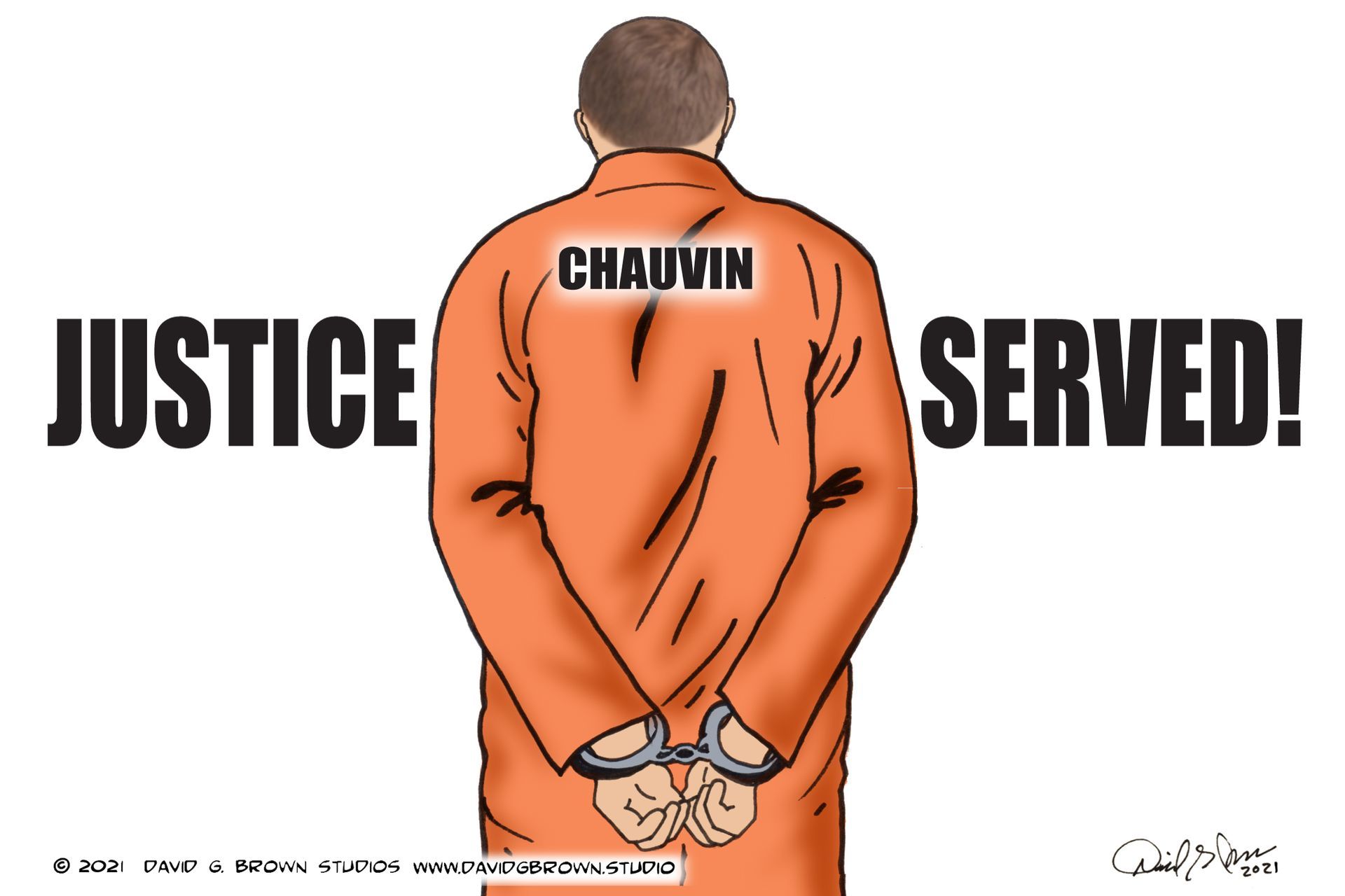 Man in orange prison jumpsuit, handcuffed, back to viewer, with “CHAUVIN” on the back. 