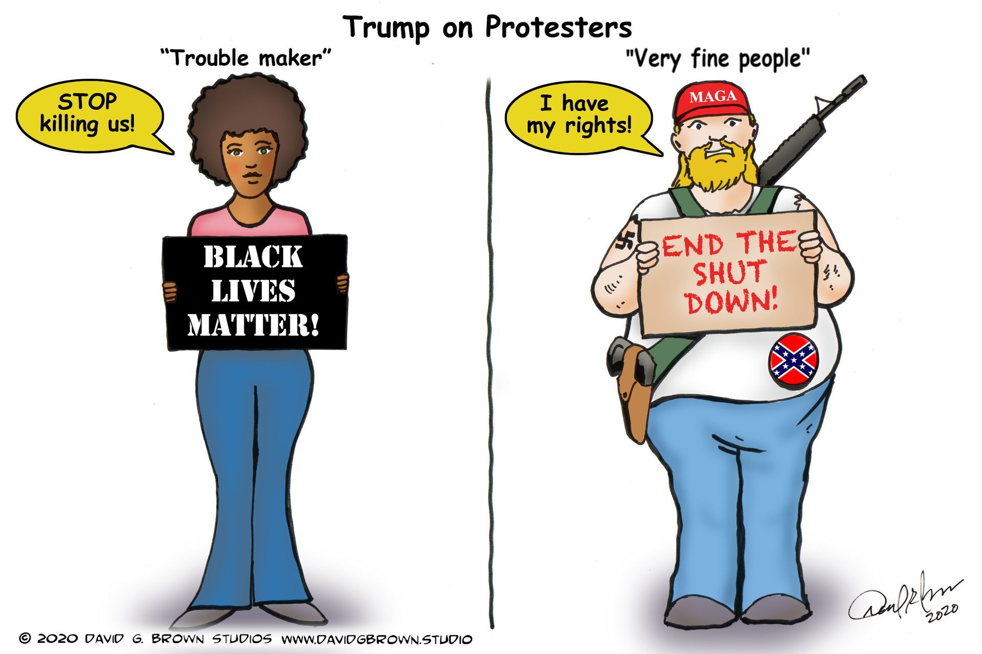 Political cartoon: Trump on protesters. BLM protestor: 