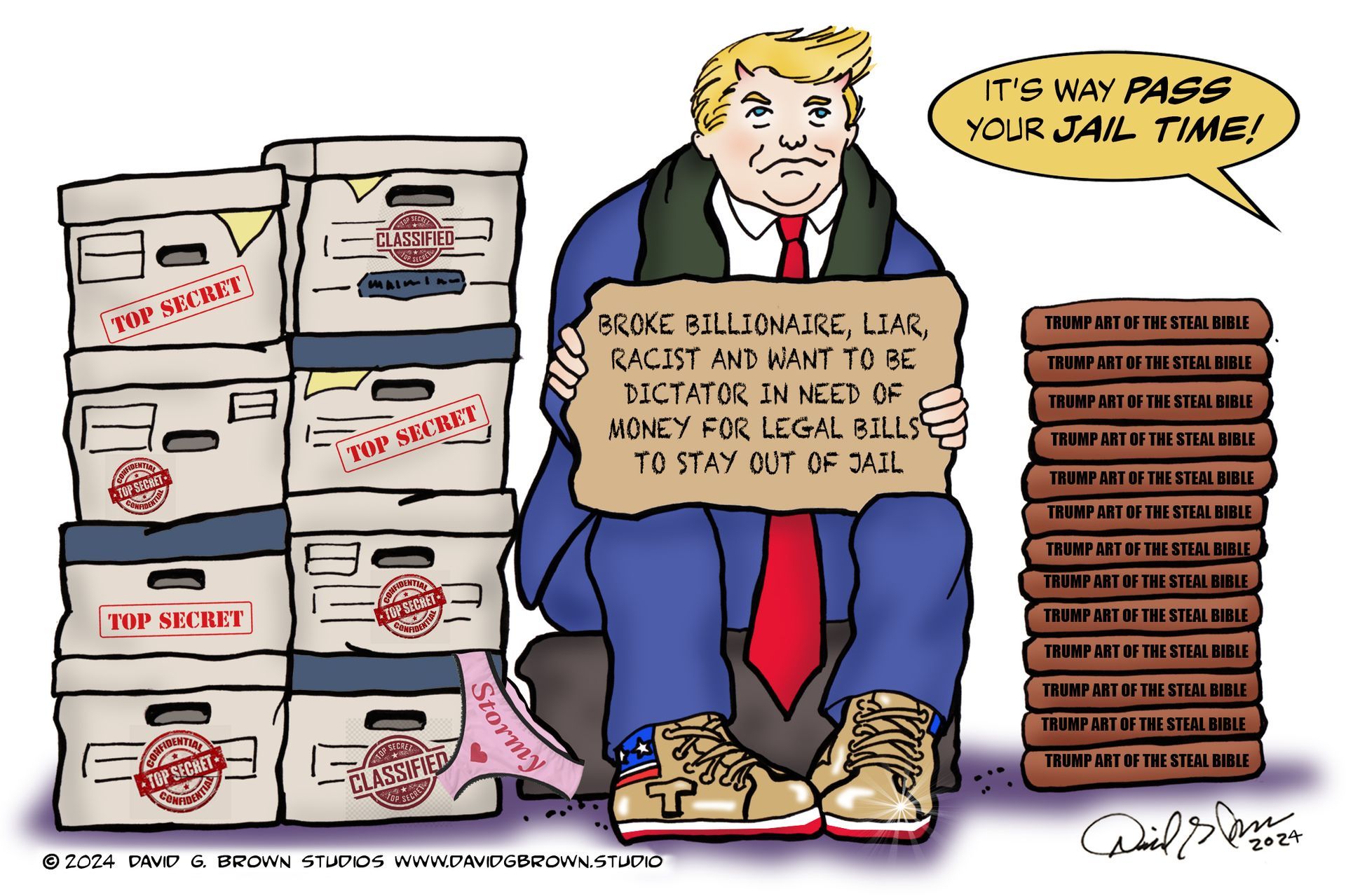 Cartoon: Trump, dressed somberly, clutches a sign pleading for money for legal bills to avoid jail. Boxes of evidence surround him.