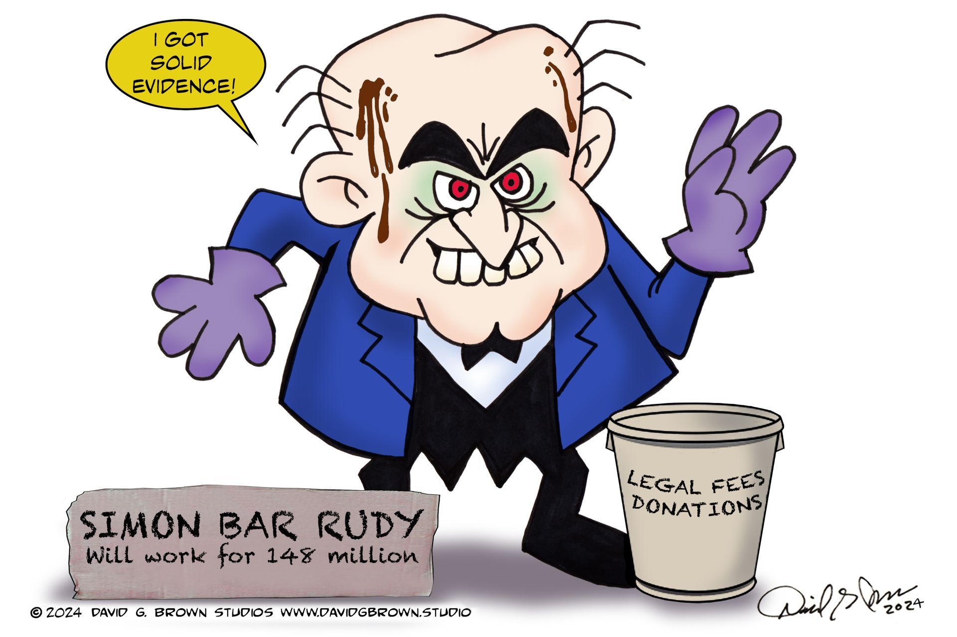 Cartoon: Simon Bar Rudy in blue suit with purple gloves, asking for donations.