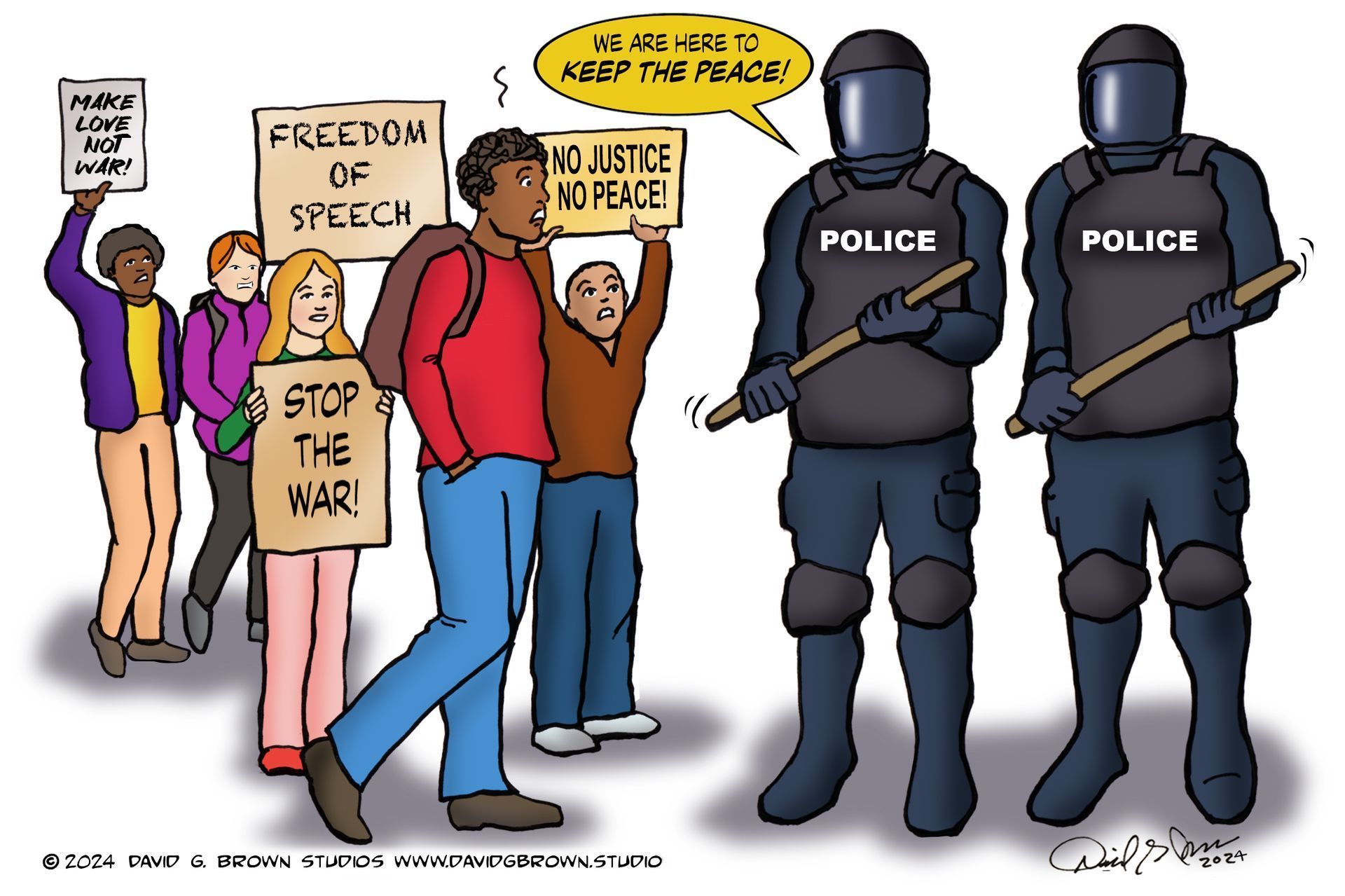 Protesters with signs face police in riot gear, who say, “We are here to keep the peace!”