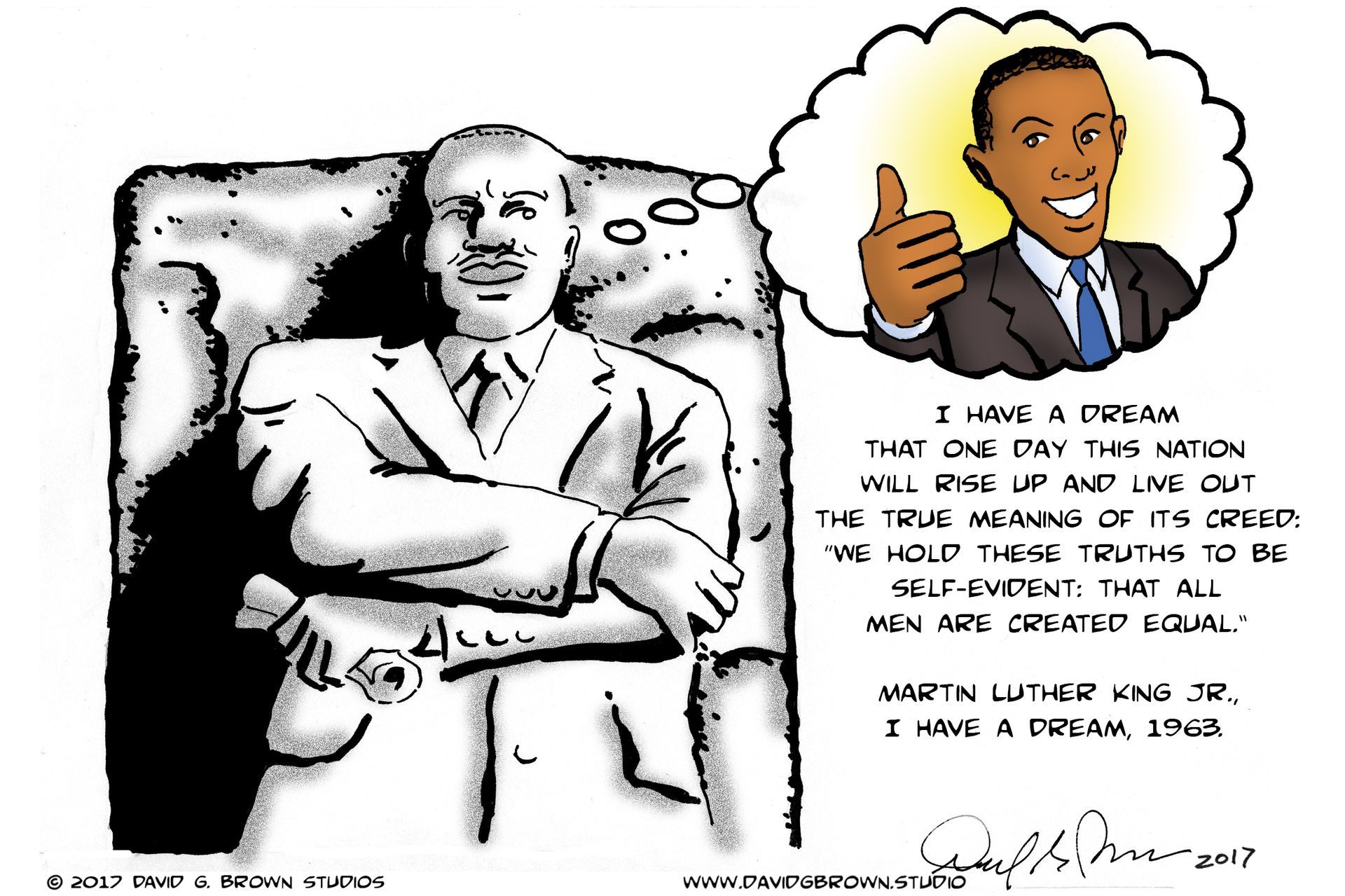 Cartoon depicting Martin Luther King Jr. dreaming of Barack Obama. Text from 