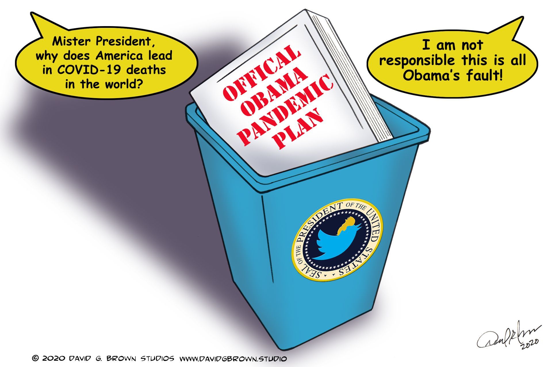 Political cartoon: President blames Obama for COVID-19 deaths. 