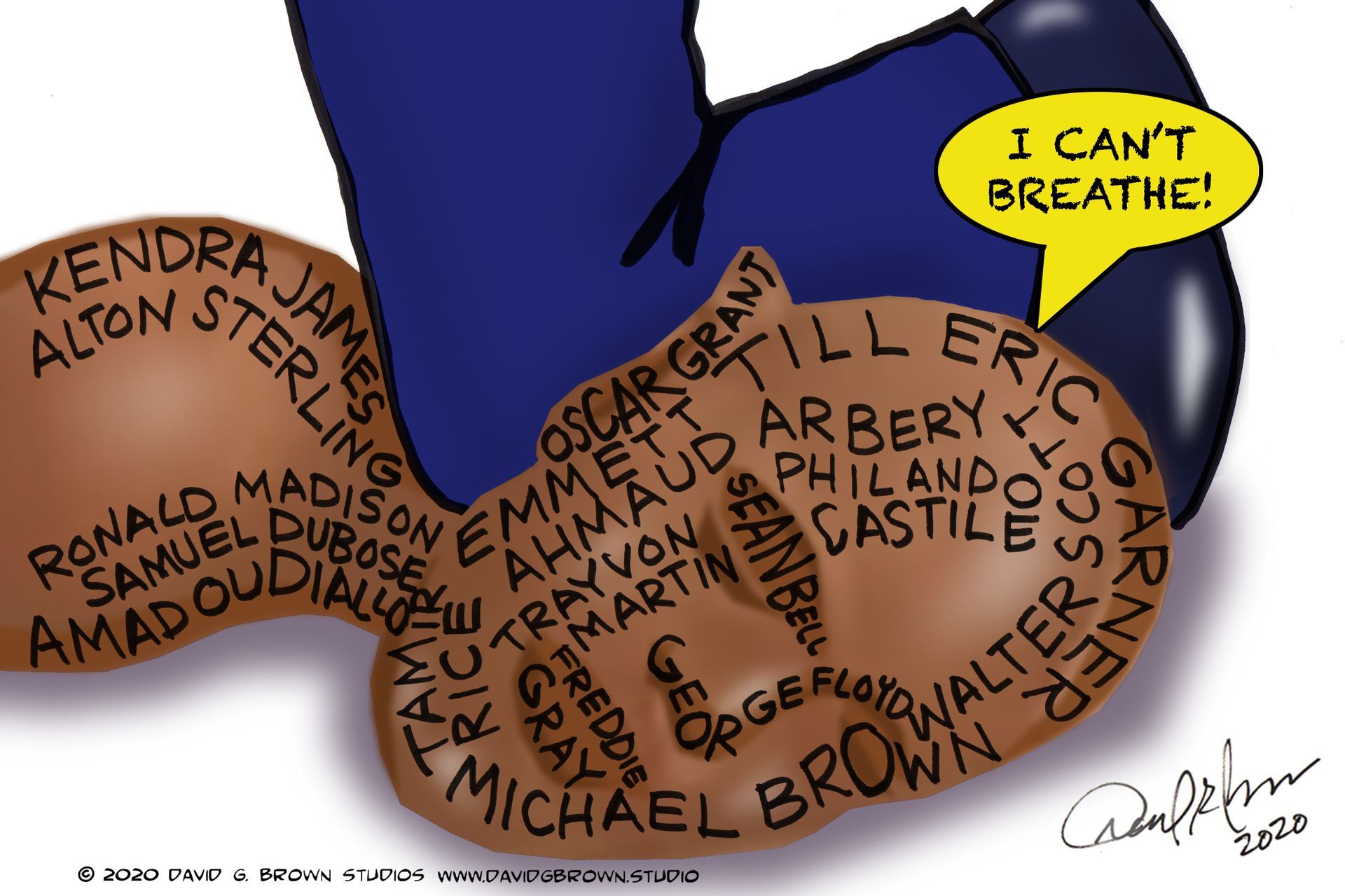 A foot kneeling on a person's neck; the person's head lists names like George Floyd. Speech bubble: 