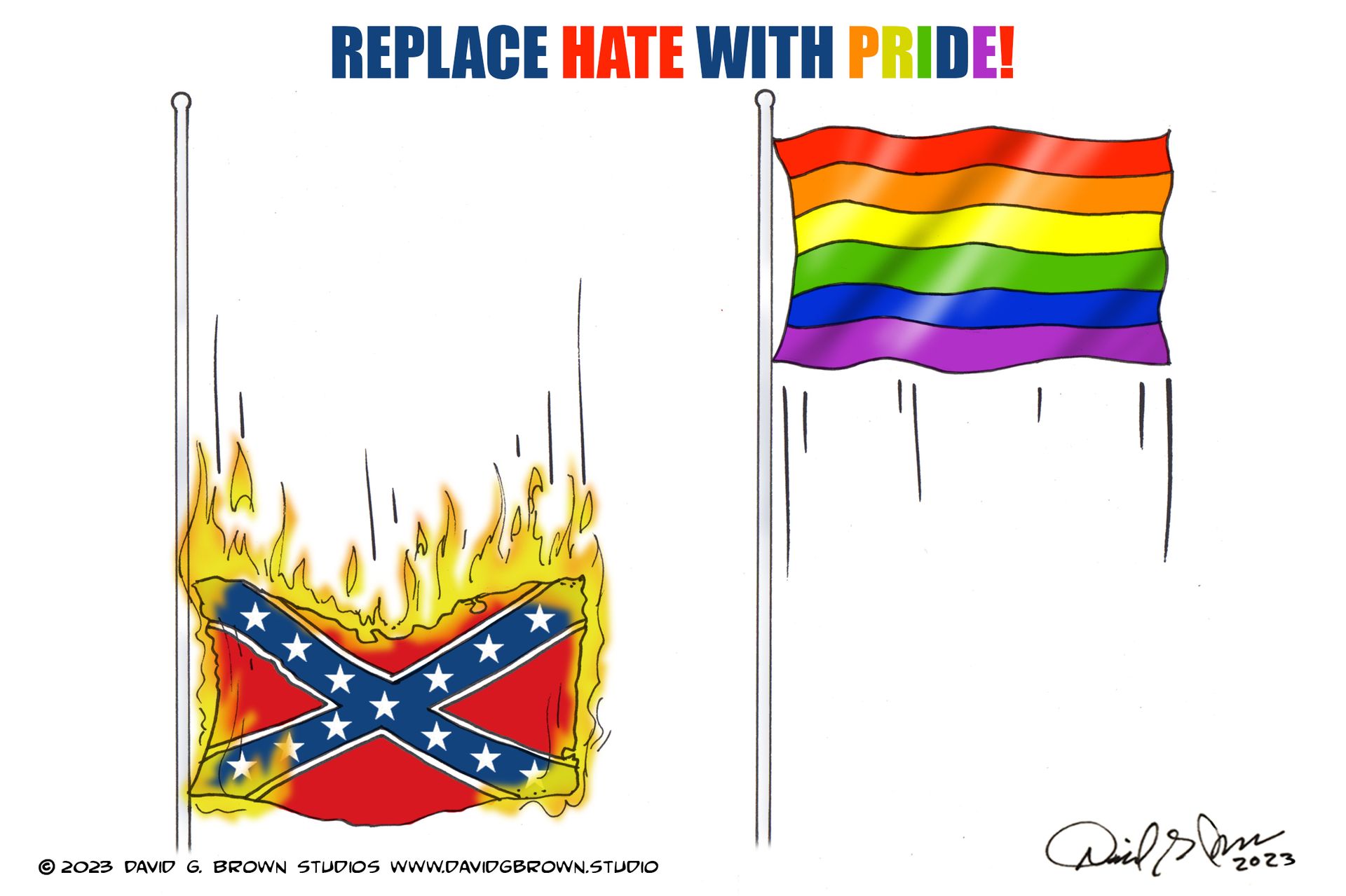 Confederate flag burning, replaced by rainbow Pride flag, with 