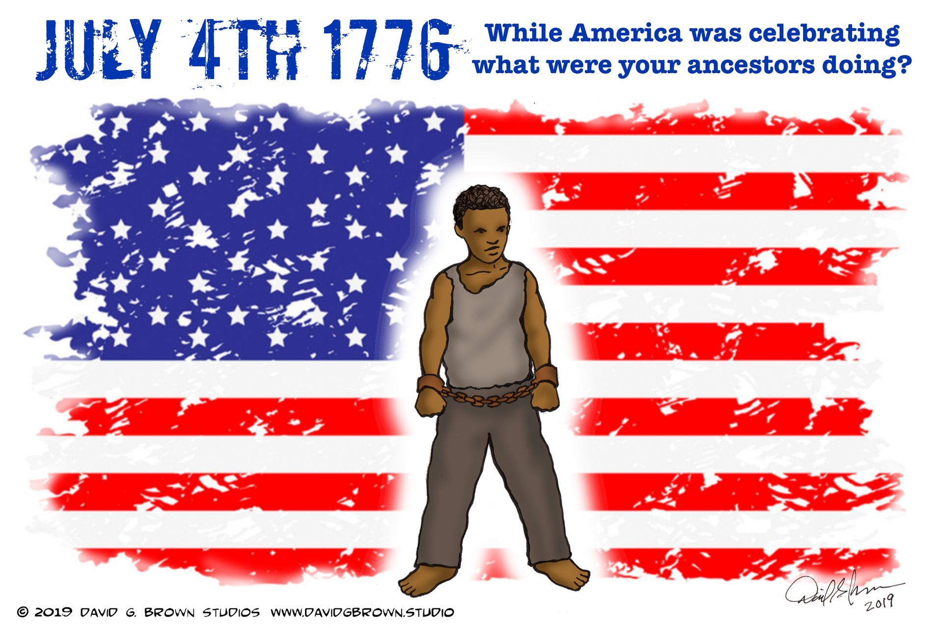 A person in chains stands before an American flag; text asks 