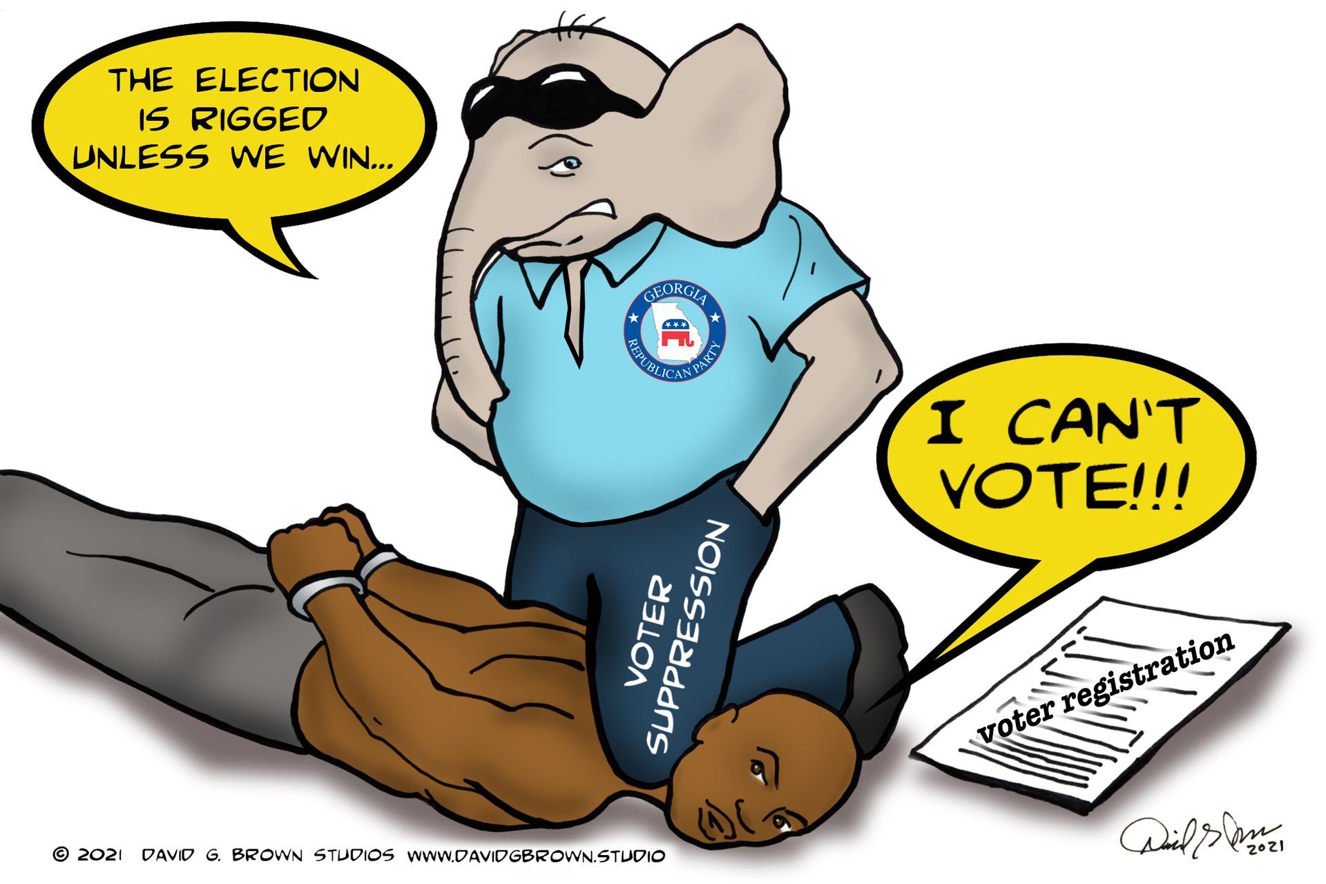 Cartoon: Republican elephant with sunglasses kneels on a Black man, suppressing his vote.