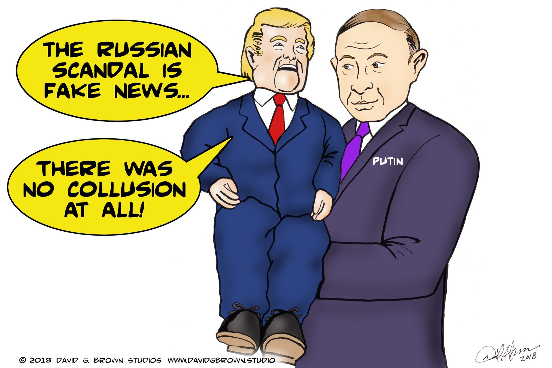 Cartoon: Putin holds Trump like a puppet, with Trump saying 