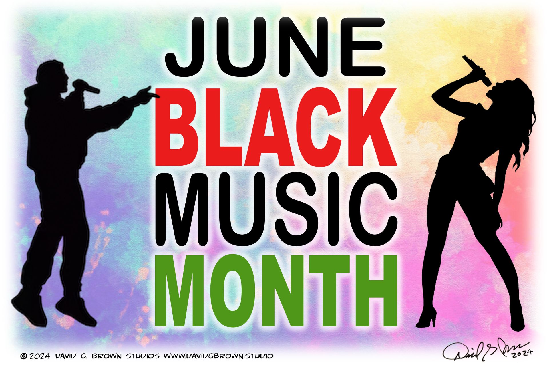 June Black Music Month graphic with silhouettes of two singers and text in black, red, and green against a colorful background.