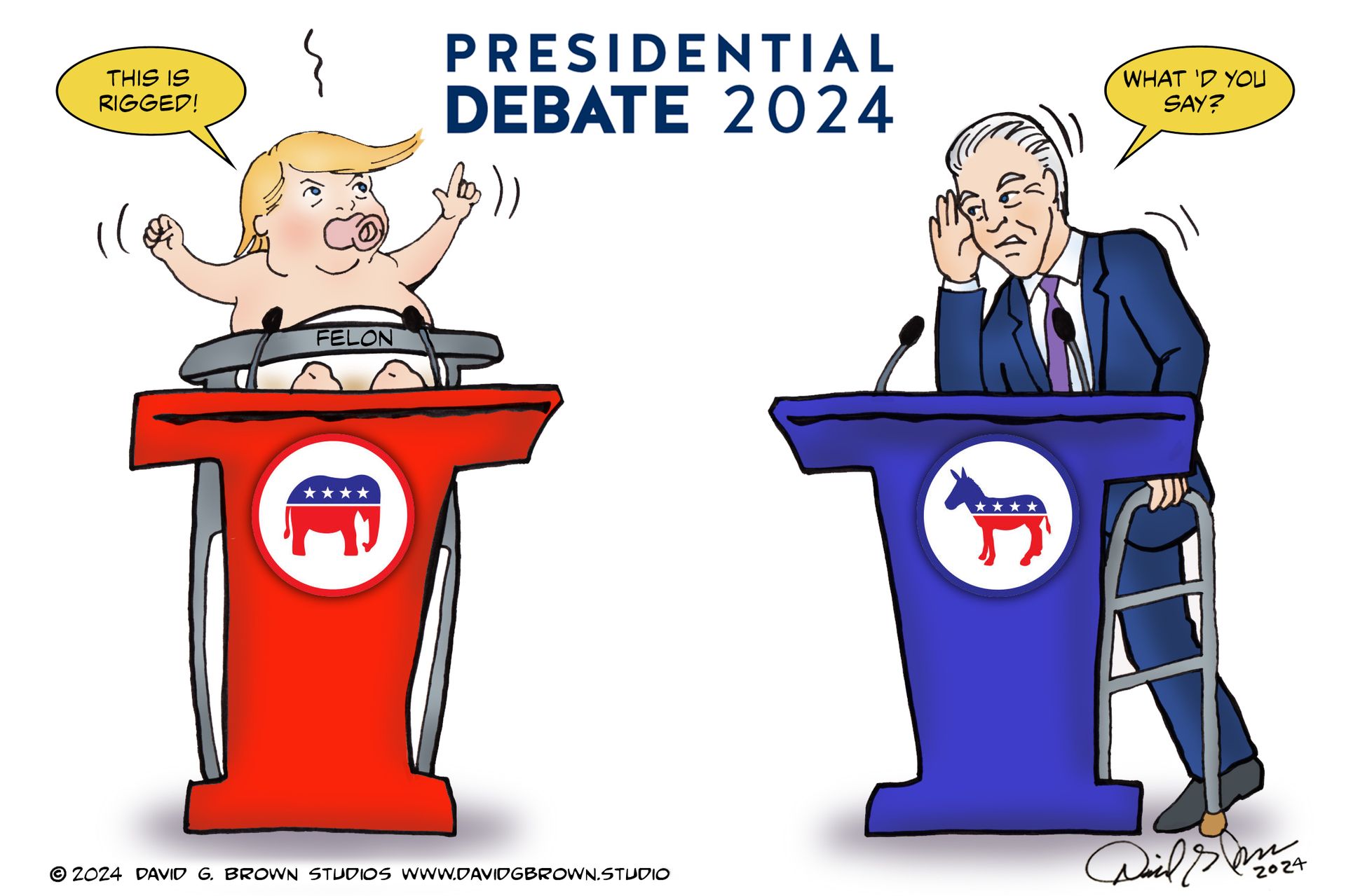 Political cartoon: Trump as baby at podium, Biden as elderly man with walker, 